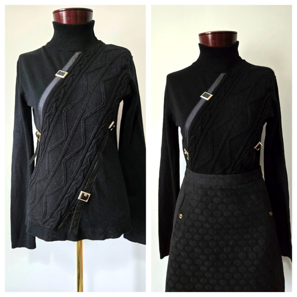 FIL A FIL Couture Black Turtleneck Sweater with Buckle Accents. Size Medium - Picture 1 of 12